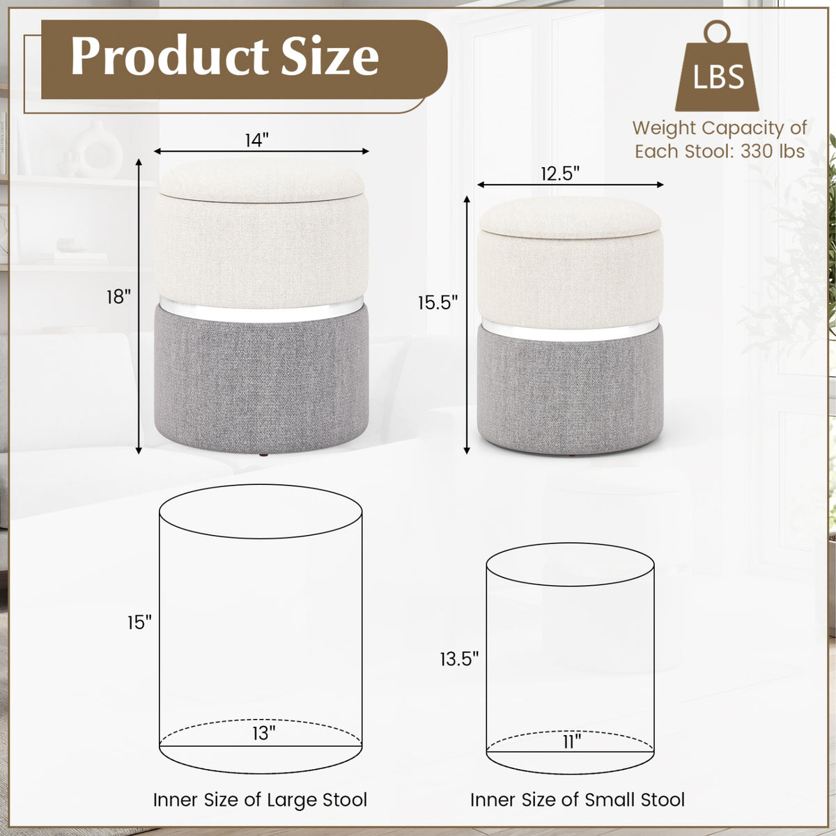 Velvet/Linen Storage Ottoman Set of 2 - Gray