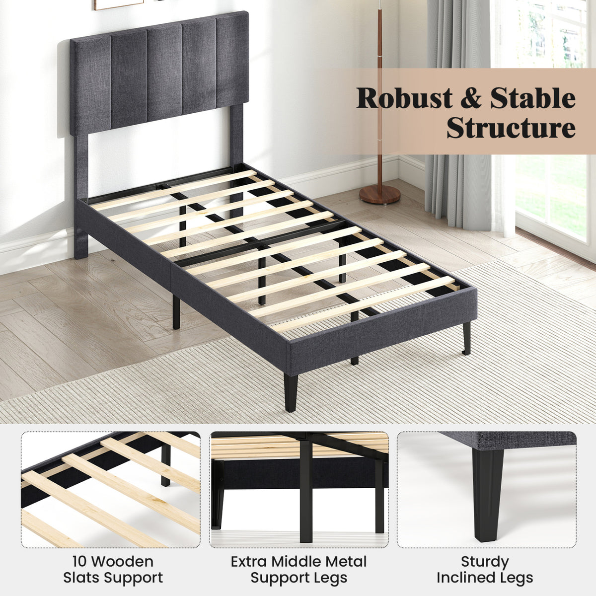 Velvet Platform Bed with Adjustable Headboard - Twin Size