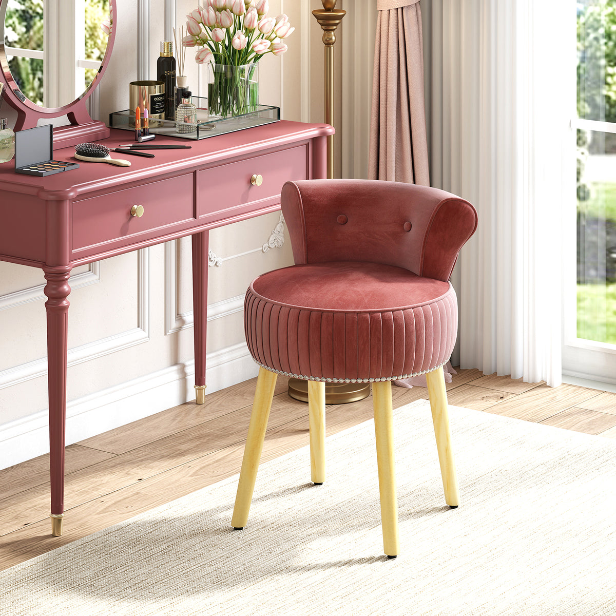 Velvet Vanity Chair with Tufted Back - Pink