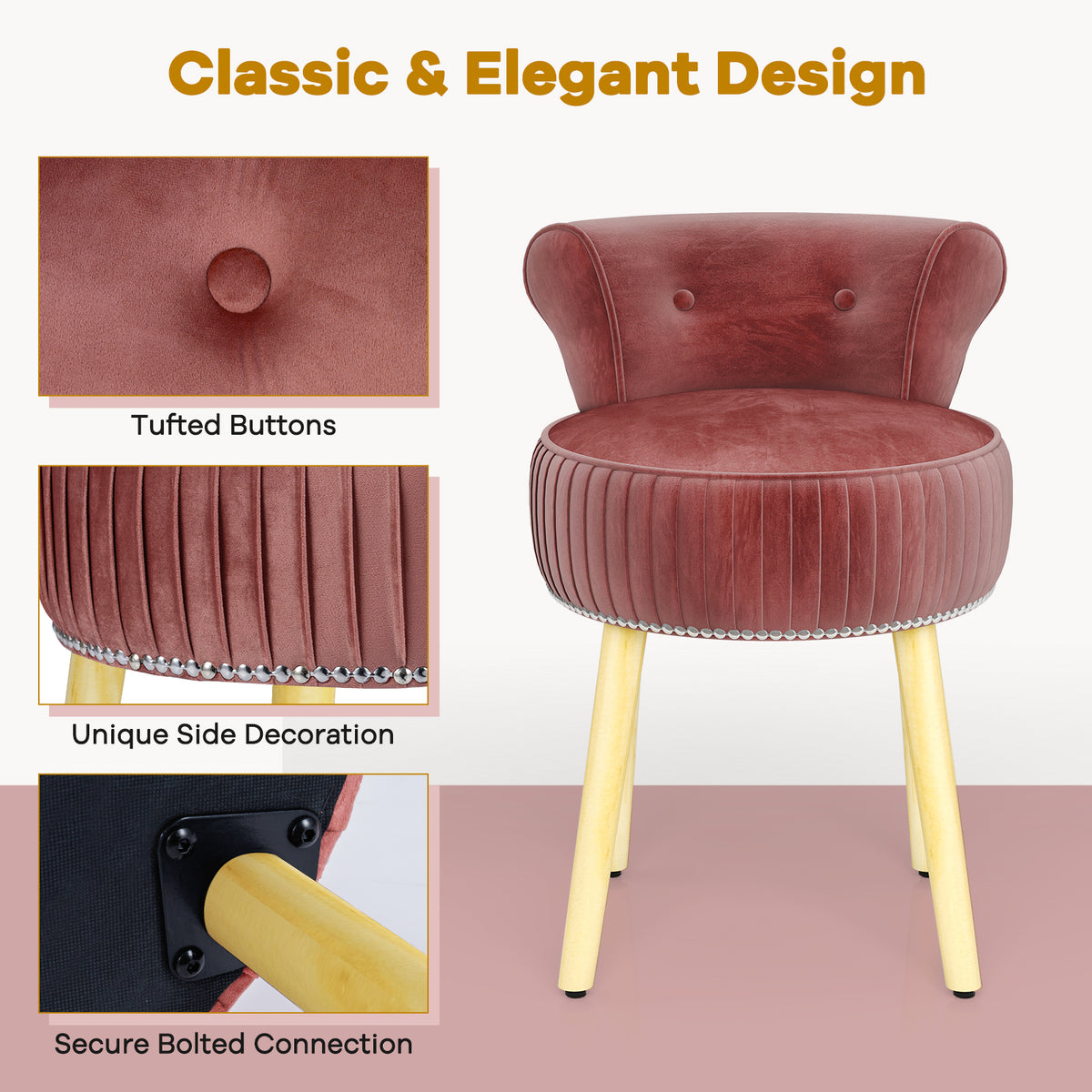 Velvet Vanity Chair with Tufted Back - Pink
