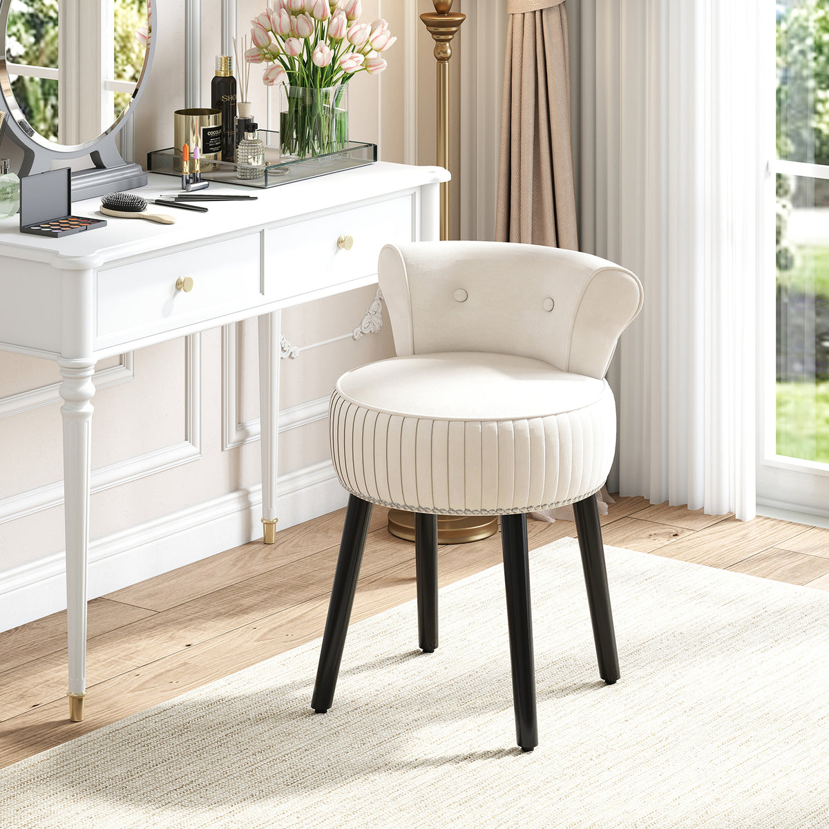 Velvet Vanity Chair with Tufted Back – White