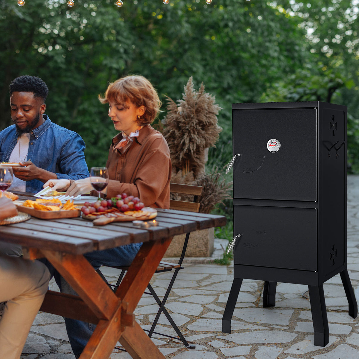 Vertical 2-Tier Outdoor Barbeque Grill with Temperature Gauge