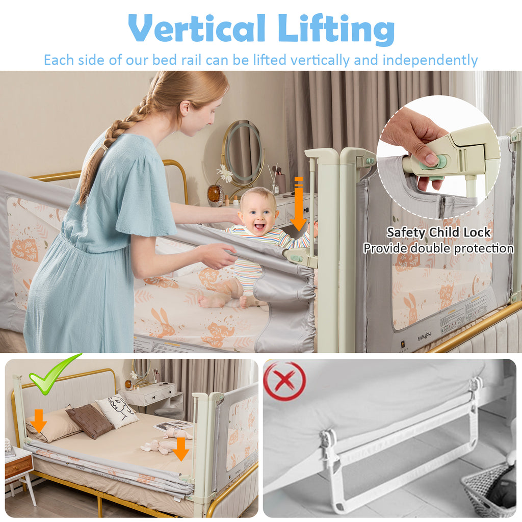 Vertical Toddler Bed Rail Guard 59 Inch with Double Lock and Adjustable Heights
