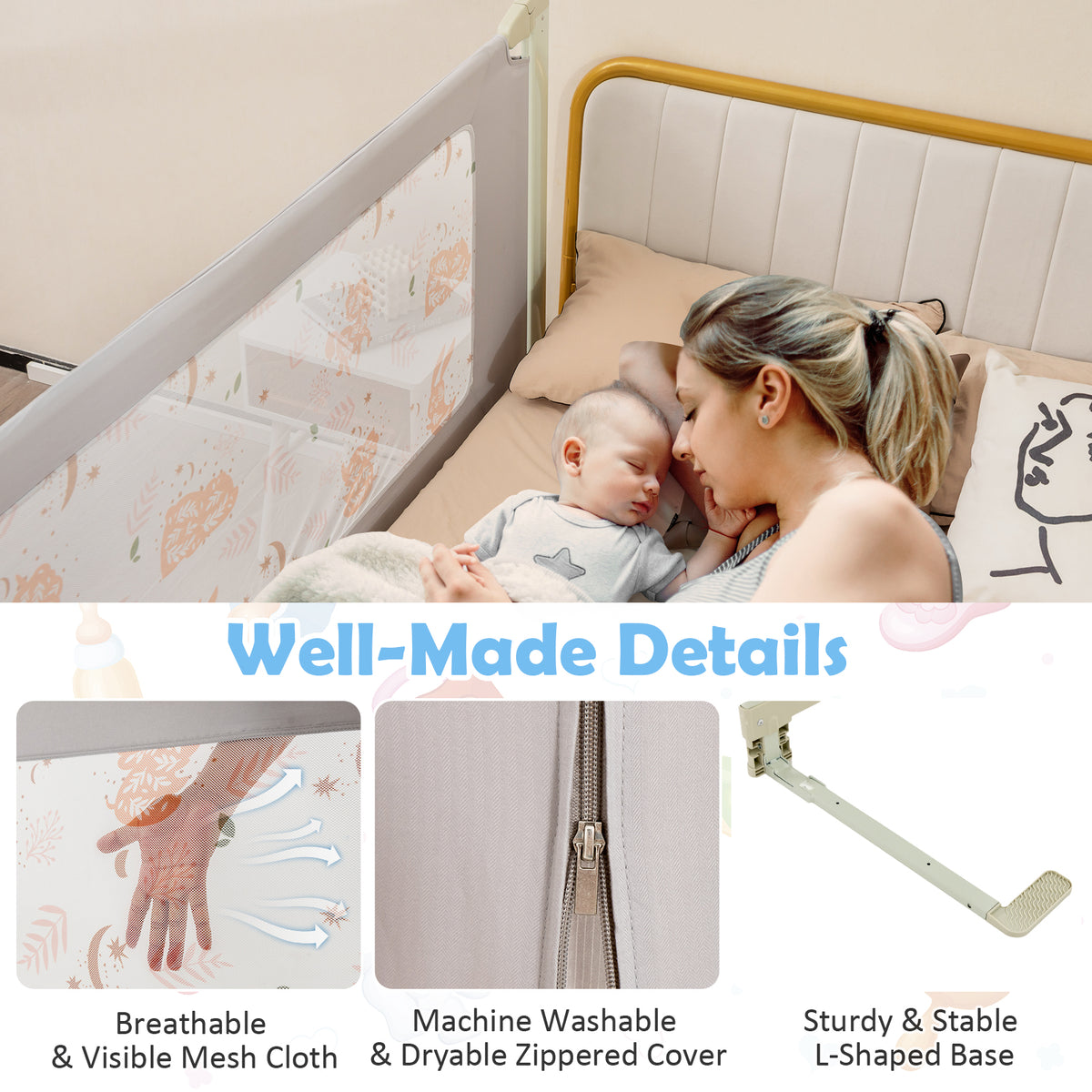 Vertical Toddler Bed Rail Guard 59 Inch with Double Lock and Adjustable Heights