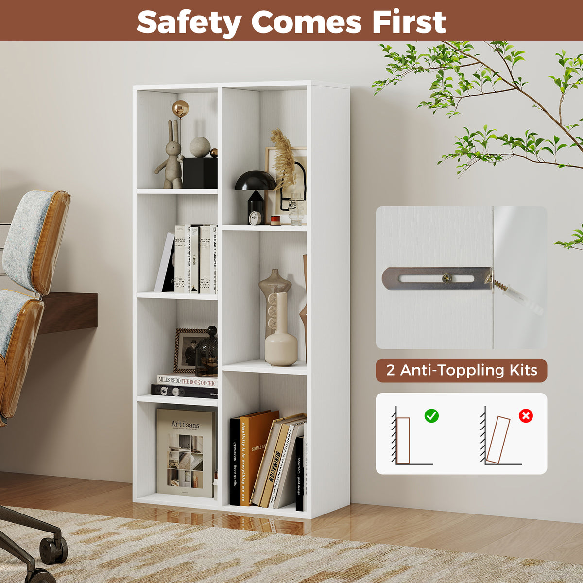 7-Compartment Freestanding Bookshelf, White