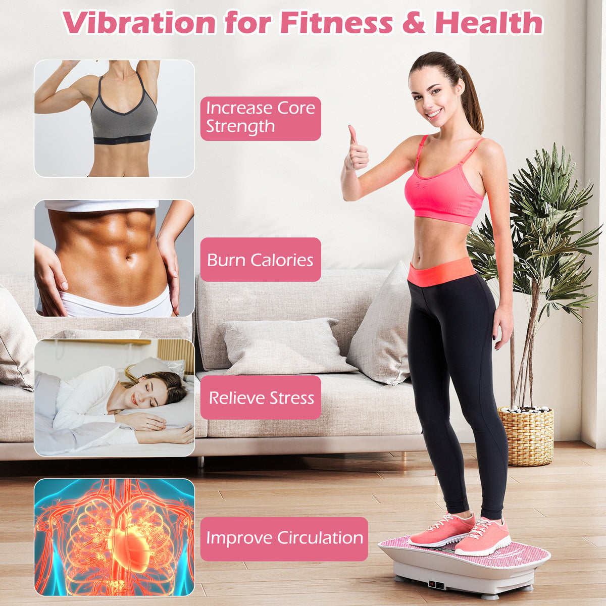 Vibration Plate Exercise Machine for Weight Loss & Lymphatic Drainage - 20 Inch White & Pink, 10 Speed Levels