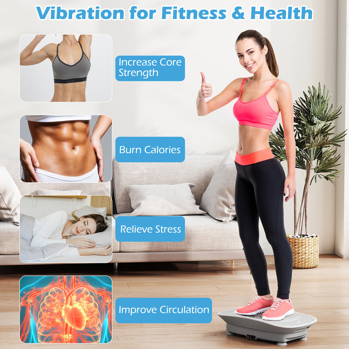20 Inch Gray Vibration Plate Exercise Machine for Weight Loss & Lymphatic Drainage - 10 Speed Levels