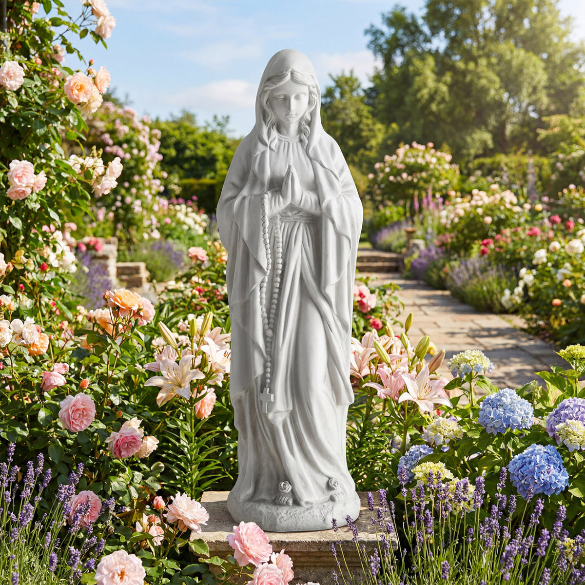 Virgin Mary Statue 29.5 Inch Outdoor Religious Sculpture - Praying Gray Variation