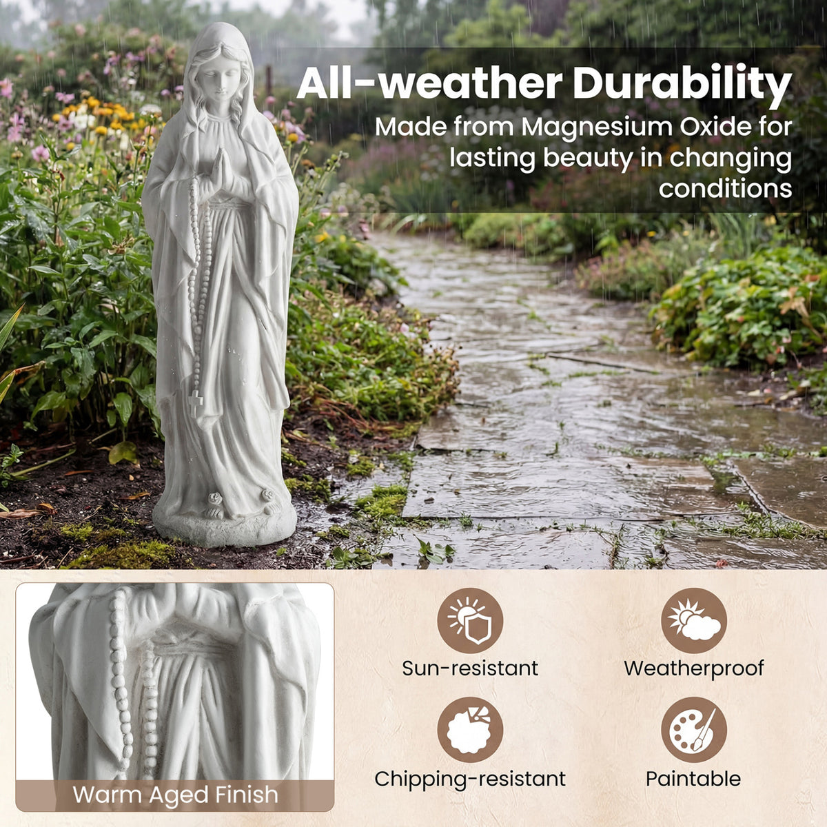 Virgin Mary Statue 29.5 Inch Outdoor Religious Sculpture - Praying Gray Variation