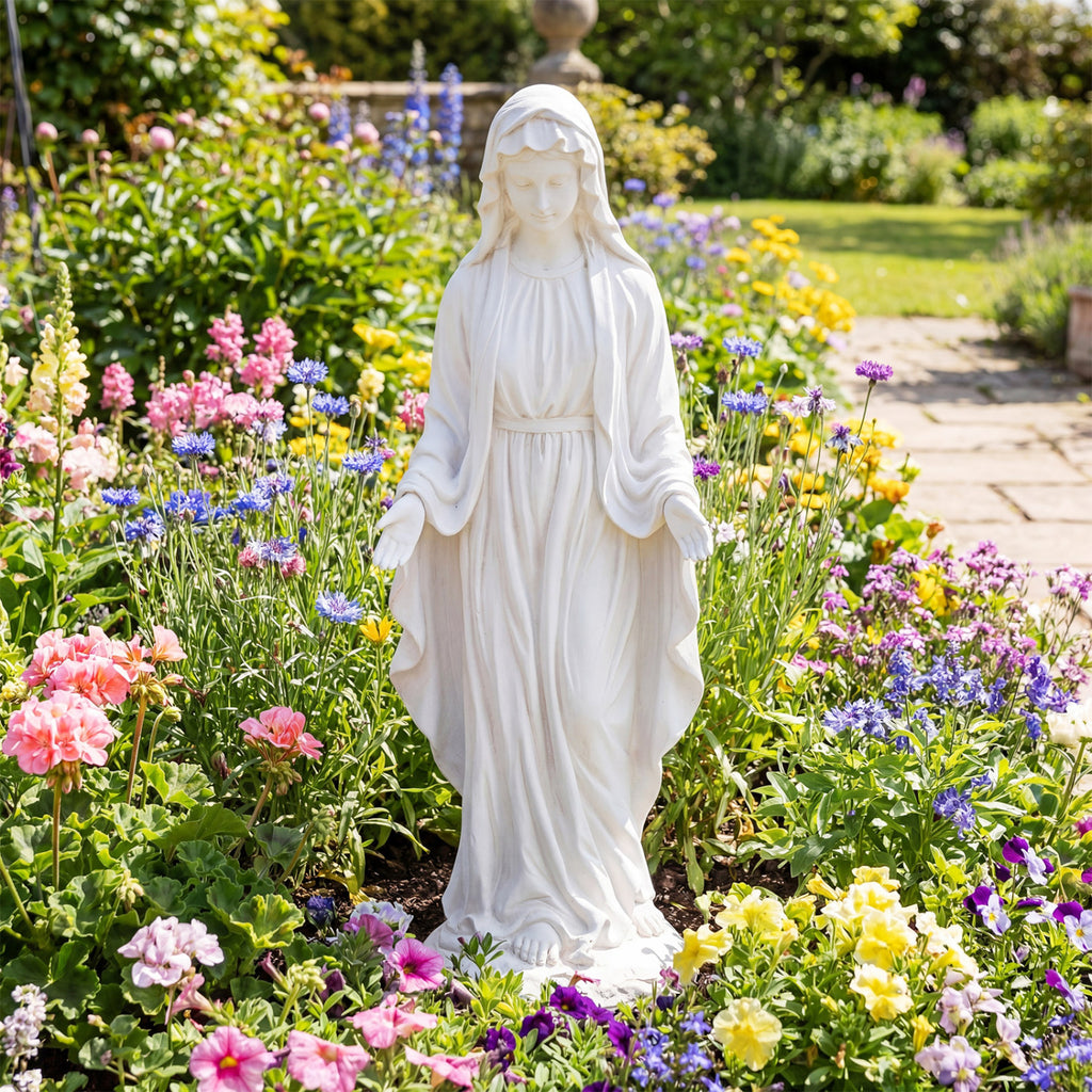 Virgin Mary Statue 29.5 Inch Tall Outdoor Religious Sculpture with Aged Finish - Standing on Serpent, White