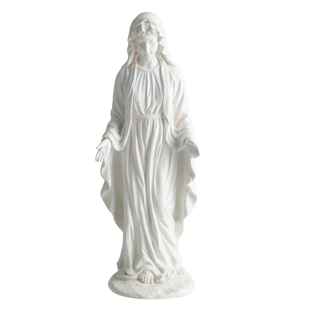 Virgin Mary Statue 29.5 Inch Tall Outdoor Religious Sculpture with Aged Finish - Standing on Serpent, White