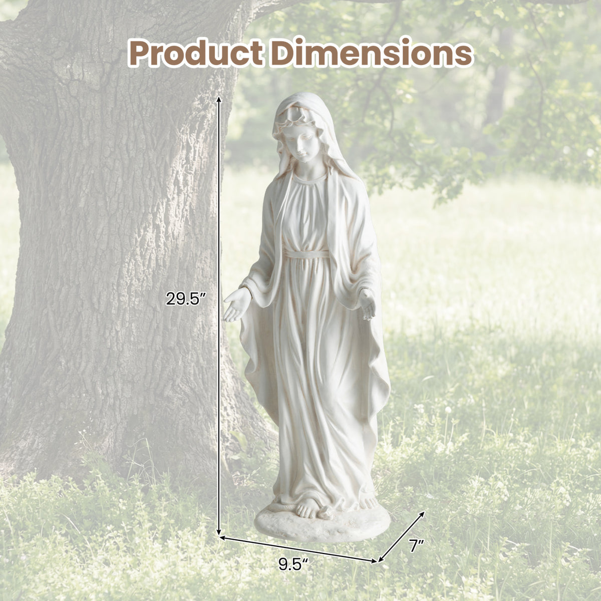Virgin Mary Statue 29.5 Inch Tall Outdoor Religious Sculpture with Aged Finish - Standing on Serpent, White