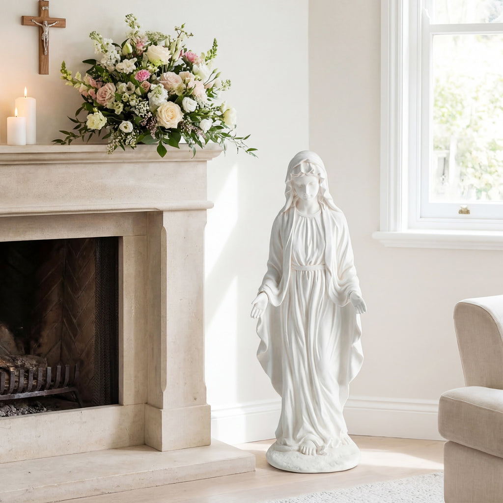 Virgin Mary Statue 29.5 Inch Tall Outdoor Religious Sculpture with Aged Finish - Standing on Serpent, White