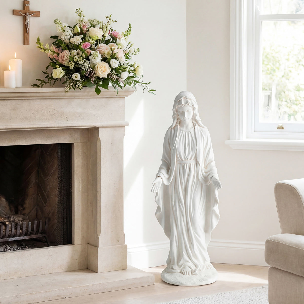 Virgin Mary Statue 29.5 Inch Tall Outdoor Religious Sculpture with Aged Finish - Standing on Serpent, White