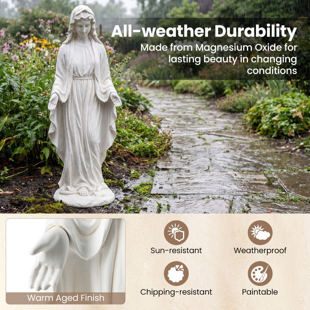 Virgin Mary Statue 29.5 Inch Tall Outdoor Religious Sculpture with Aged Finish - Standing on Serpent, White