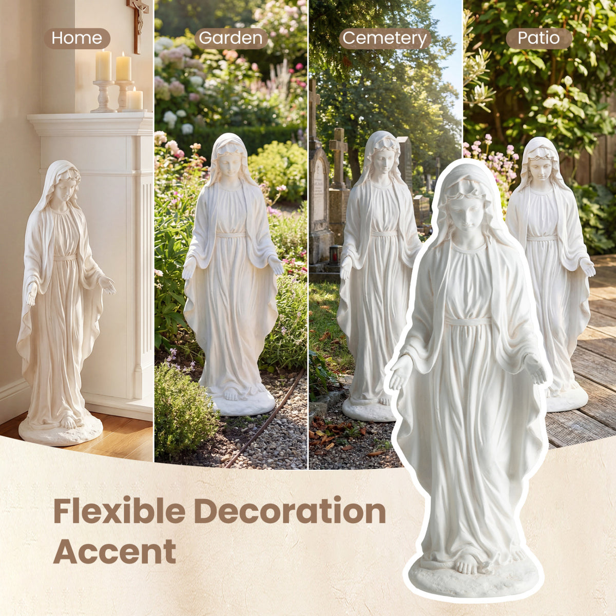 Virgin Mary Statue 29.5 Inch Tall Outdoor Religious Sculpture with Aged Finish - Standing on Serpent, White