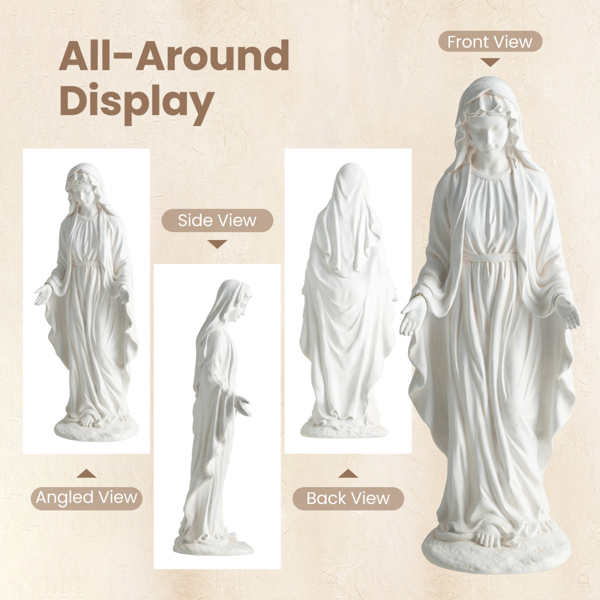 Virgin Mary Statue 29.5 Inch Tall Outdoor Religious Sculpture with Aged Finish - Standing on Serpent, White