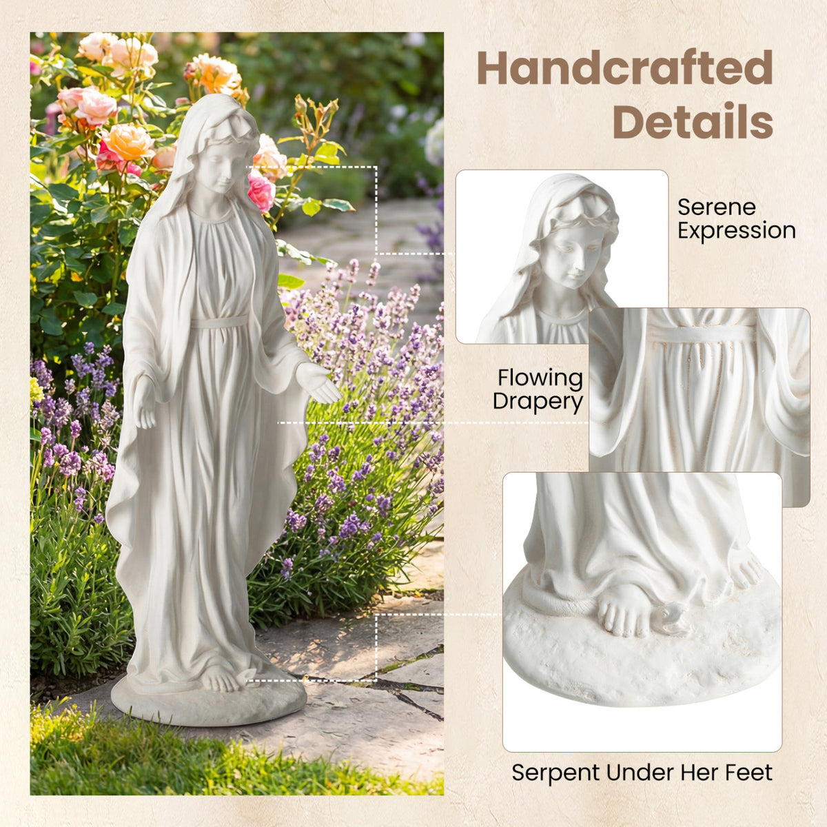 Virgin Mary Statue 29.5 Inch Tall Outdoor Religious Sculpture with Aged Finish - Standing on Serpent, White