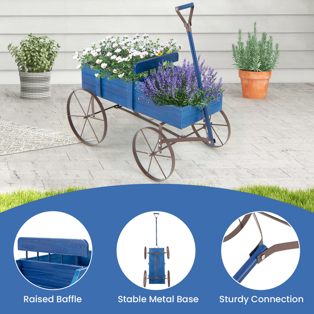 Wooden Wagon Plant Bed with Metal Wheels for Garden Yard Patio
