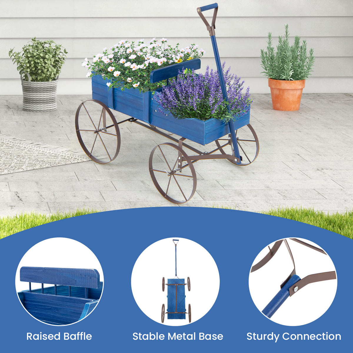 Wooden Wagon Plant Bed with Metal Wheels for Garden Yard Patio