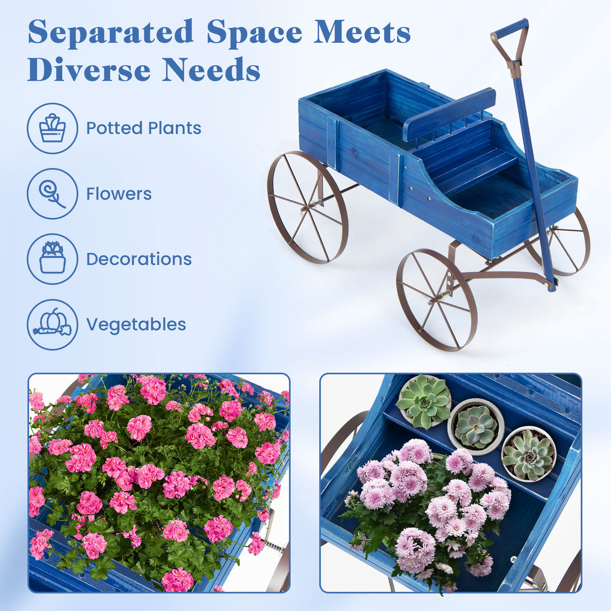 Wooden Wagon Plant Bed with Metal Wheels for Garden Yard Patio