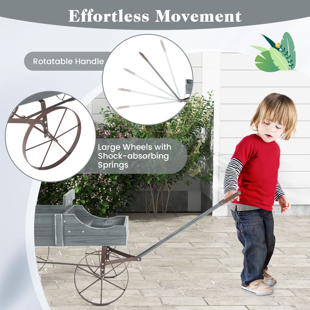 Wooden Wagon Plant Bed with Metal Wheels for Garden Yard Patio