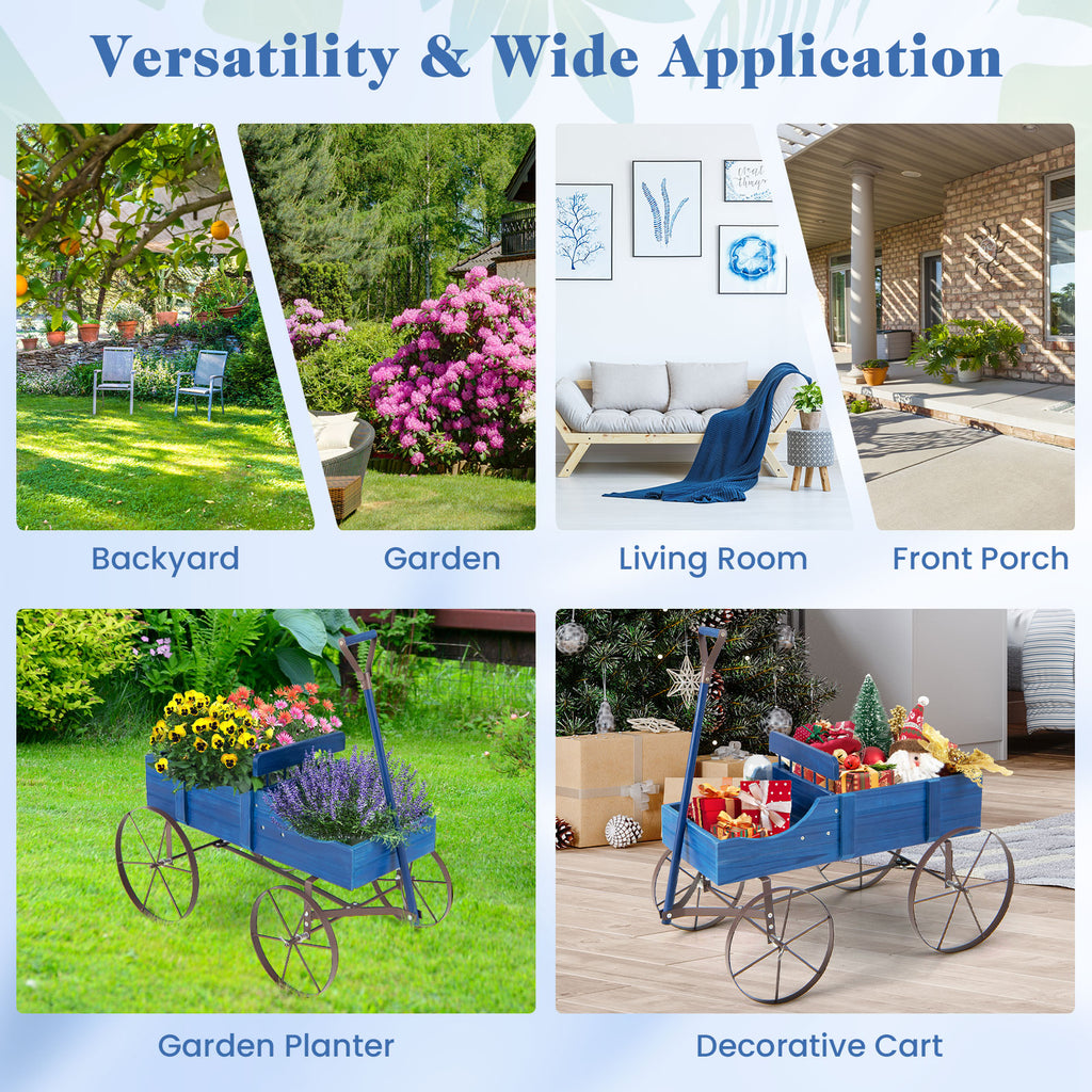 Wooden Wagon Plant Bed with Metal Wheels for Garden Yard Patio