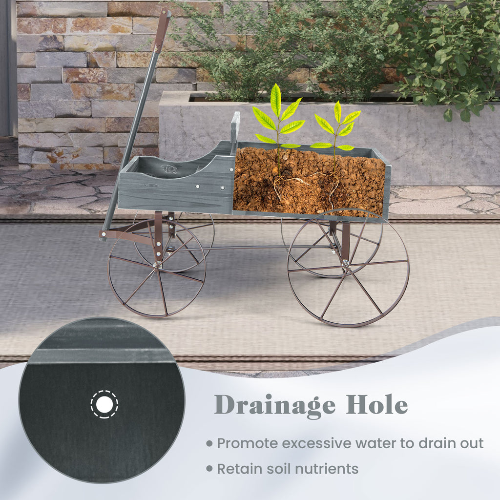 Wooden Wagon Plant Bed with Metal Wheels for Garden Yard Patio