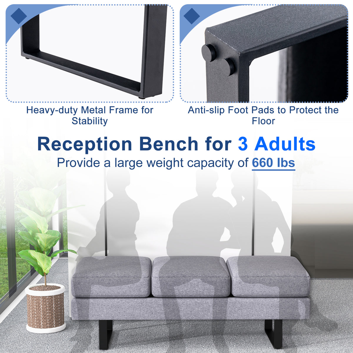Waiting Room Bench Seating with Metal Frame Leg, Gray