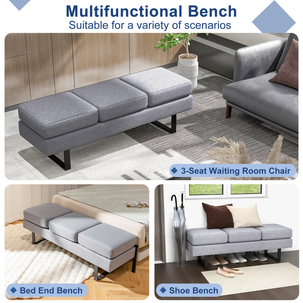 Waiting Room Bench Seating with Metal Frame Leg, Gray