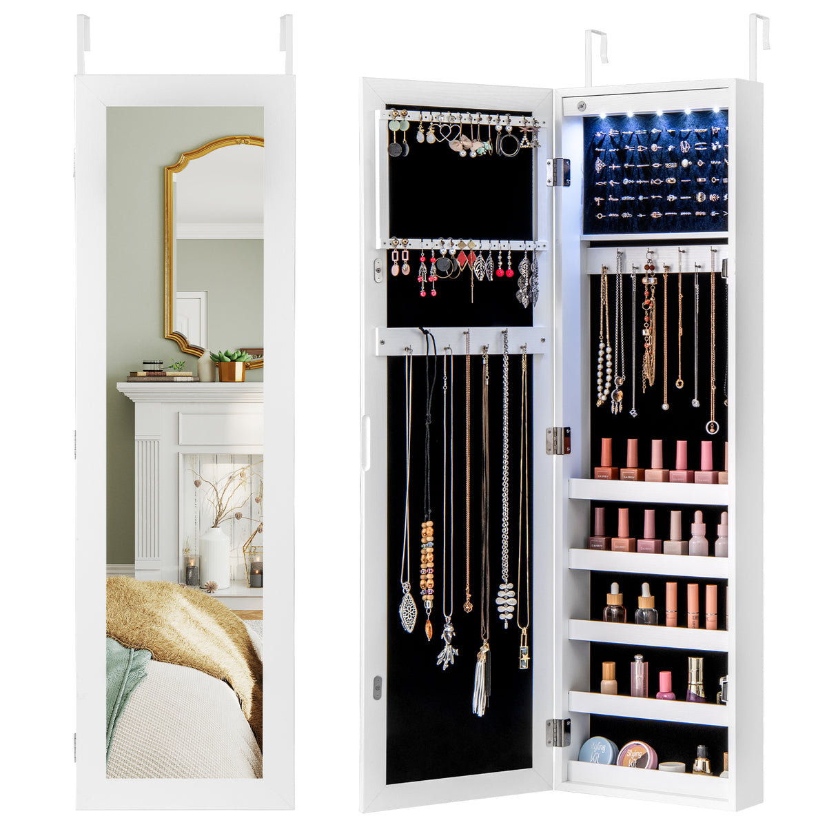 Mirrored Jewelry Cabinet with LED Light - Style 1