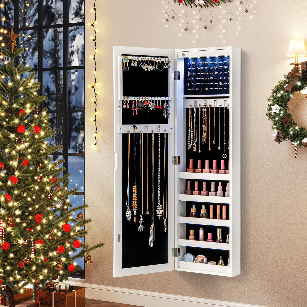 Mirrored Jewelry Cabinet with LED Light - Style 1