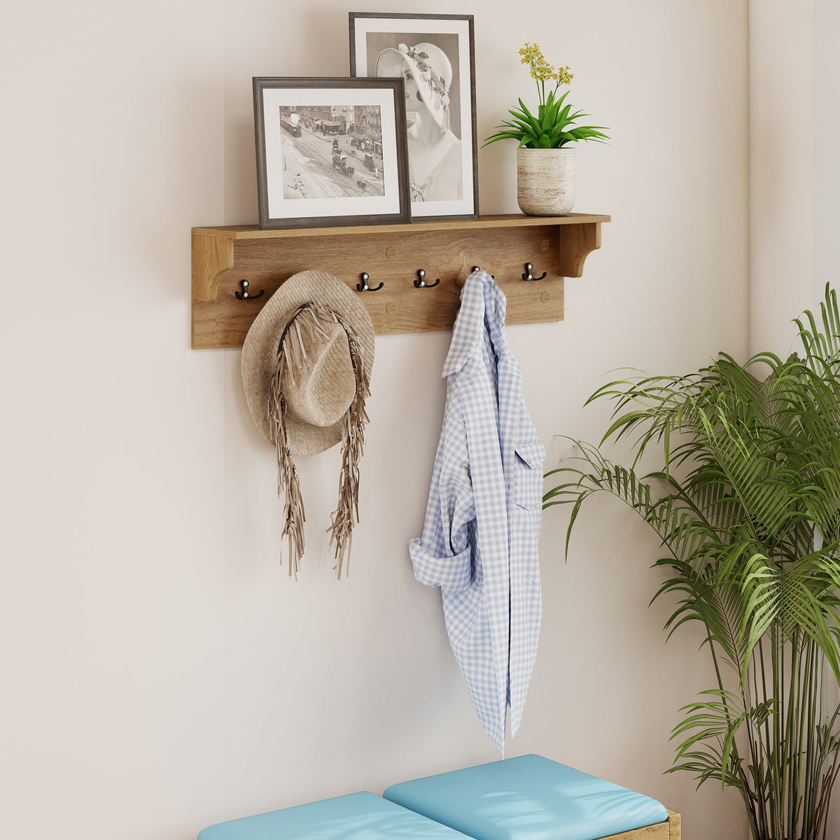 31.5" Wooden Coat Rack with Shelf & 6 Hooks – Natural