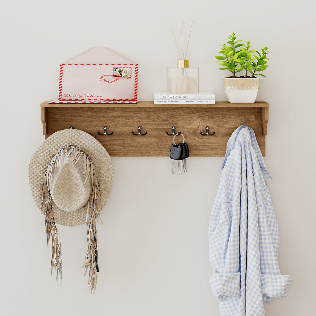 31.5" Wooden Coat Rack with Shelf & 6 Hooks – Natural