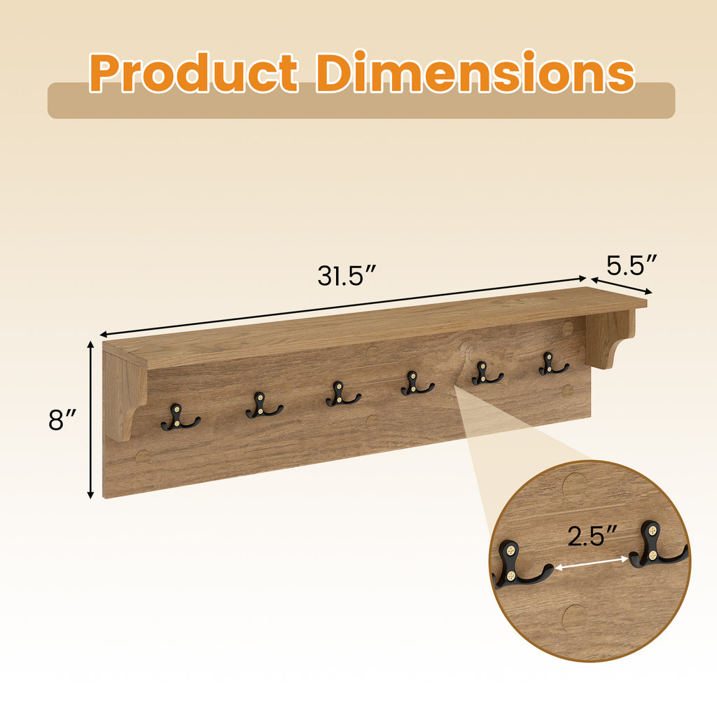 31.5" Wooden Coat Rack with Shelf & 6 Hooks – Natural
