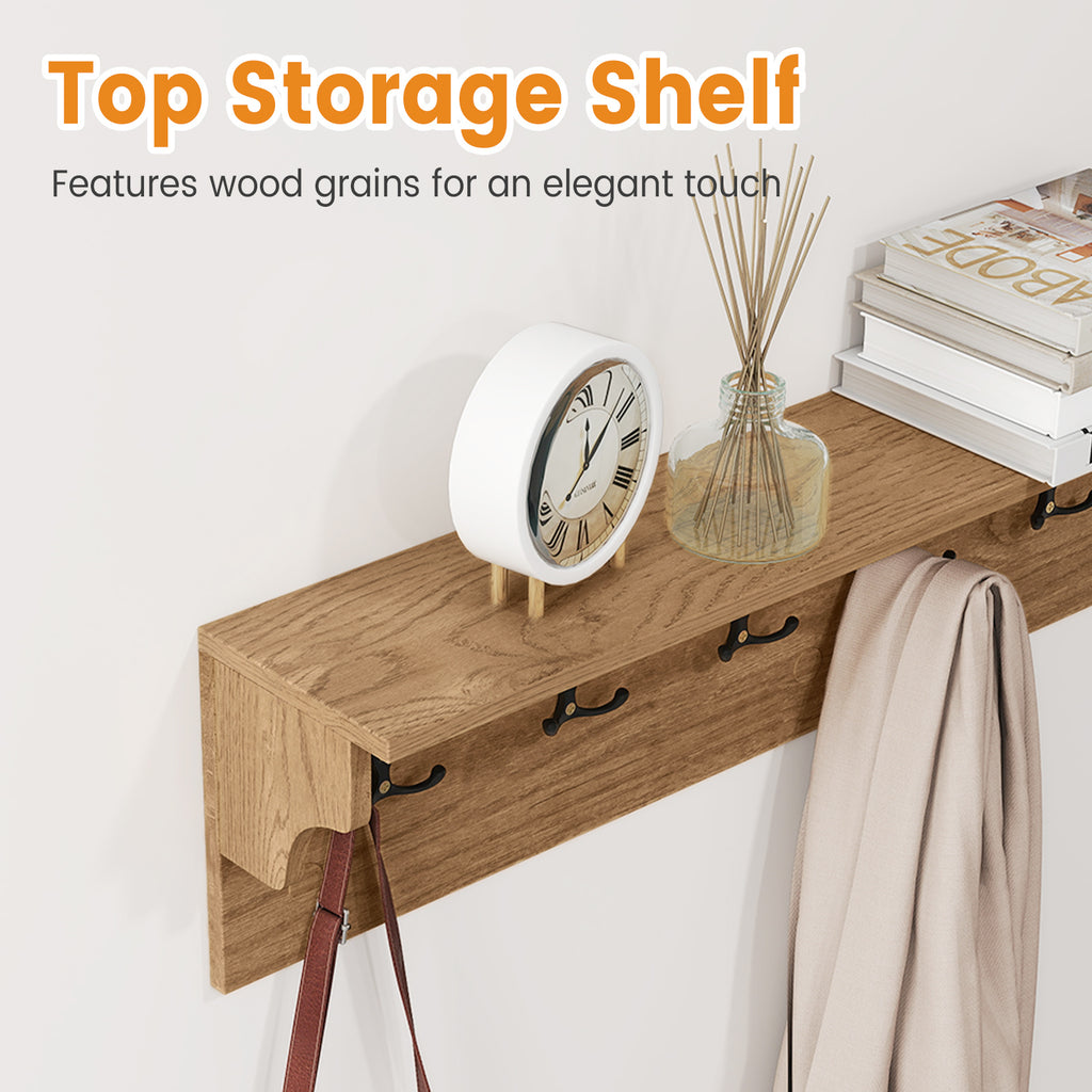 31.5" Wooden Coat Rack with Shelf & 6 Hooks – Natural