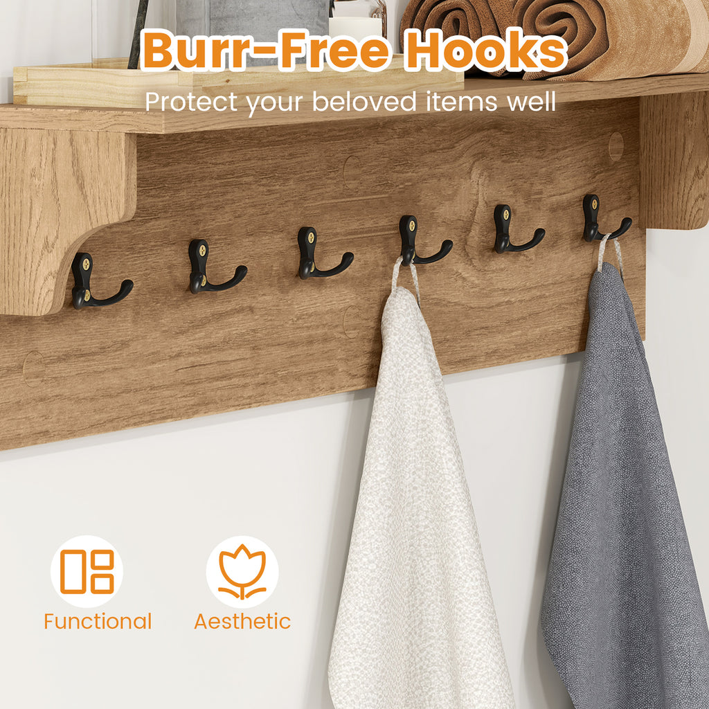31.5" Wooden Coat Rack with Shelf & 6 Hooks – Natural