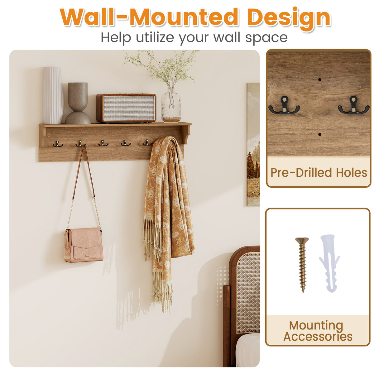31.5" Wooden Coat Rack with Shelf & 6 Hooks – Natural