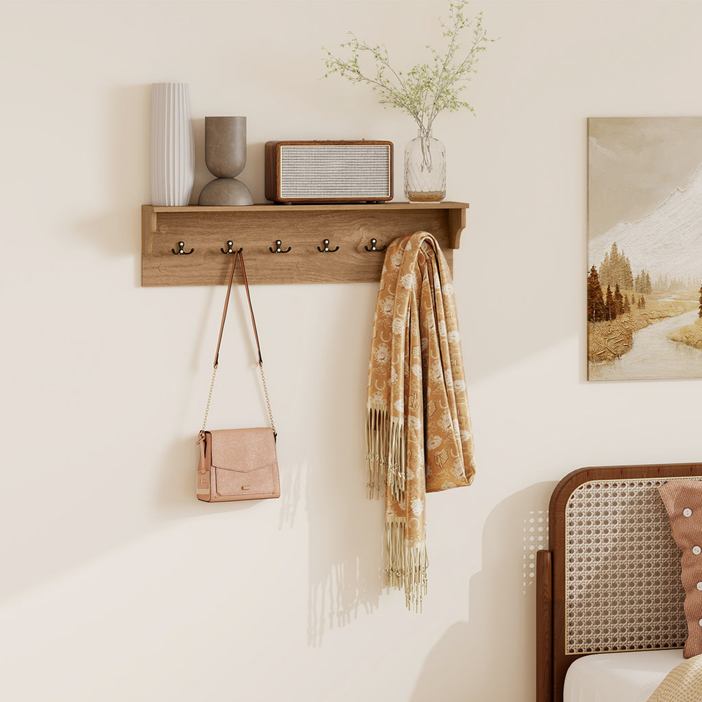 31.5" Wooden Coat Rack with Shelf & 6 Hooks – Natural