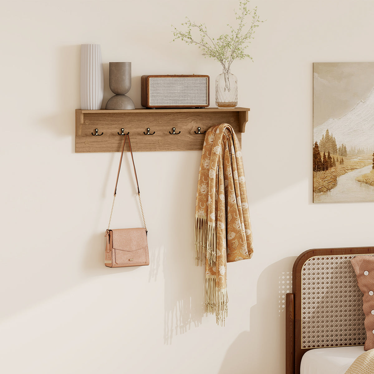 31.5" Wooden Coat Rack with Shelf & 6 Hooks – Natural