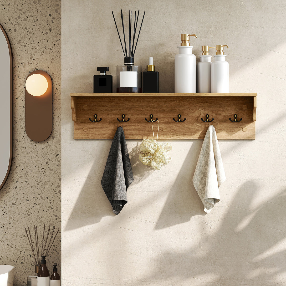 31.5" Wooden Coat Rack with Shelf & 6 Hooks – Natural