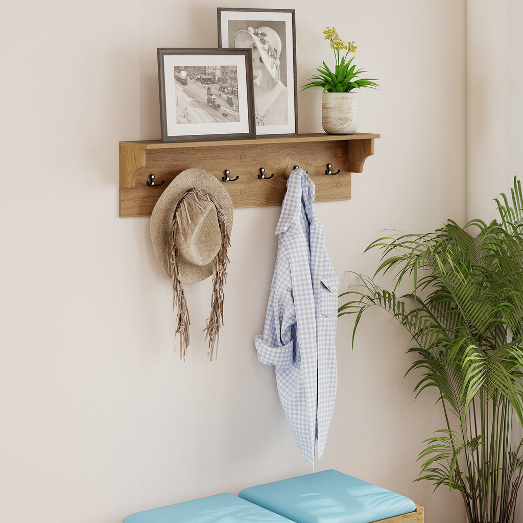 31.5" Wooden Coat Rack with Shelf & 6 Hooks – Natural