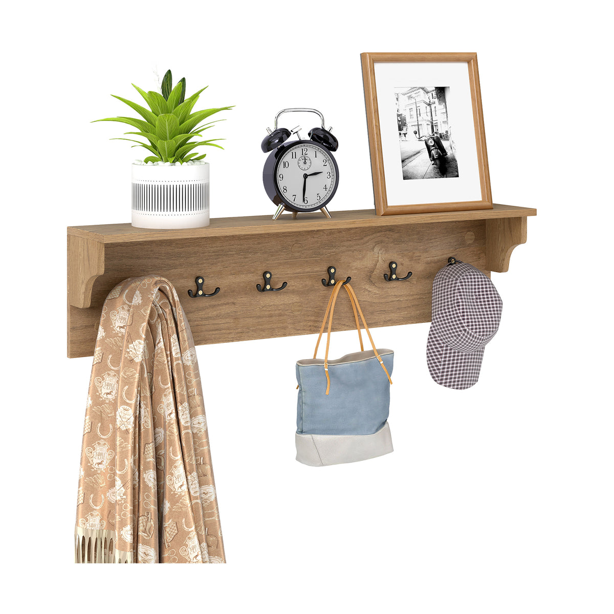 Wall Mount Hooks Shelf for Entryway Storage - Black