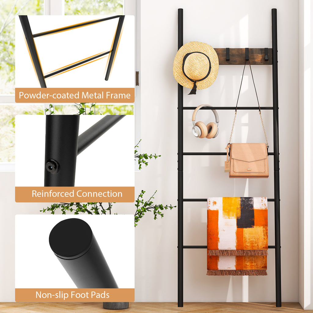 5-Tier Blanket Ladder with Hooks - Wall Storage Organizer