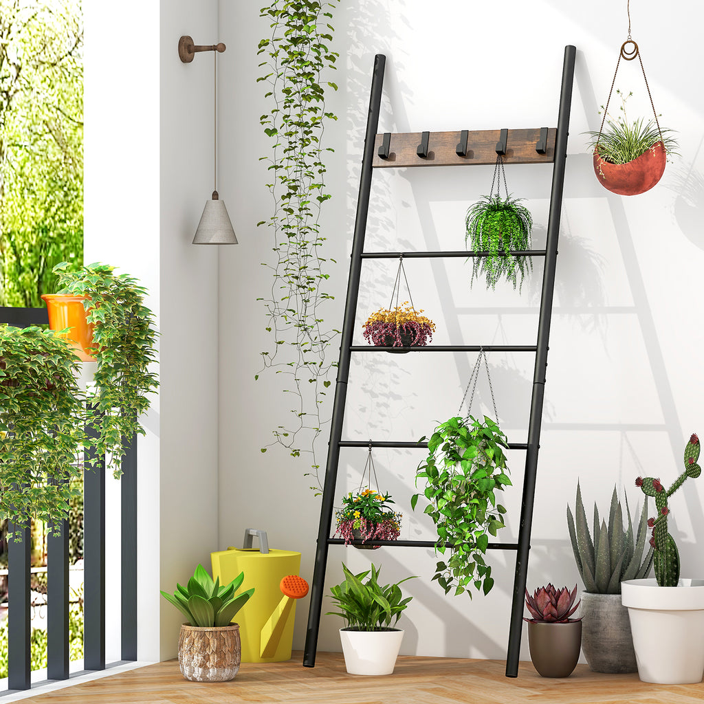 5-Tier Blanket Ladder with Hooks - Wall Storage Organizer