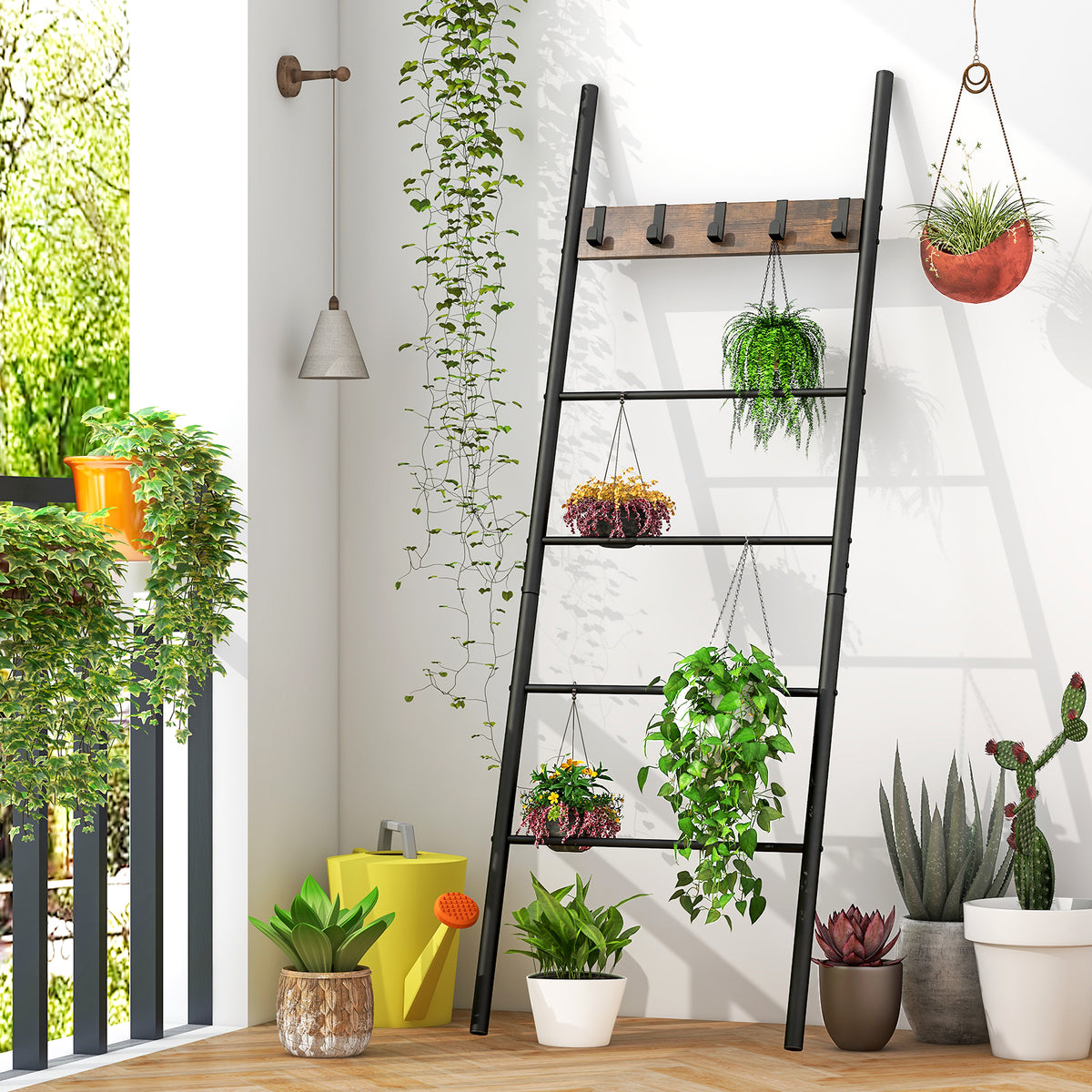 5-Tier Blanket Ladder with Hooks - Wall Storage Organizer