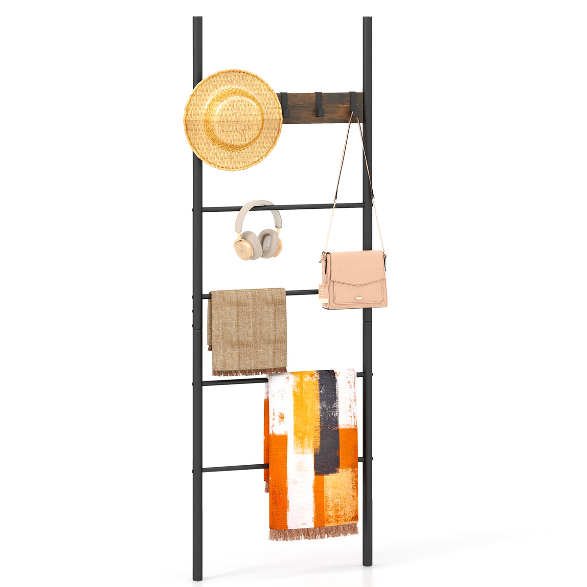 5-Tier Blanket Ladder with Hooks - Wall Storage Organizer