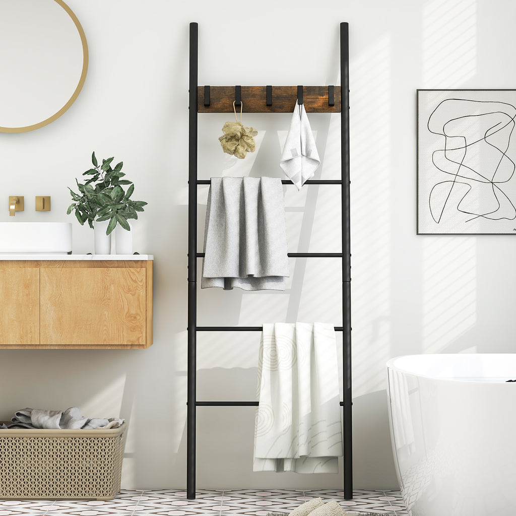 5-Tier Blanket Ladder with Hooks - Wall Storage Organizer