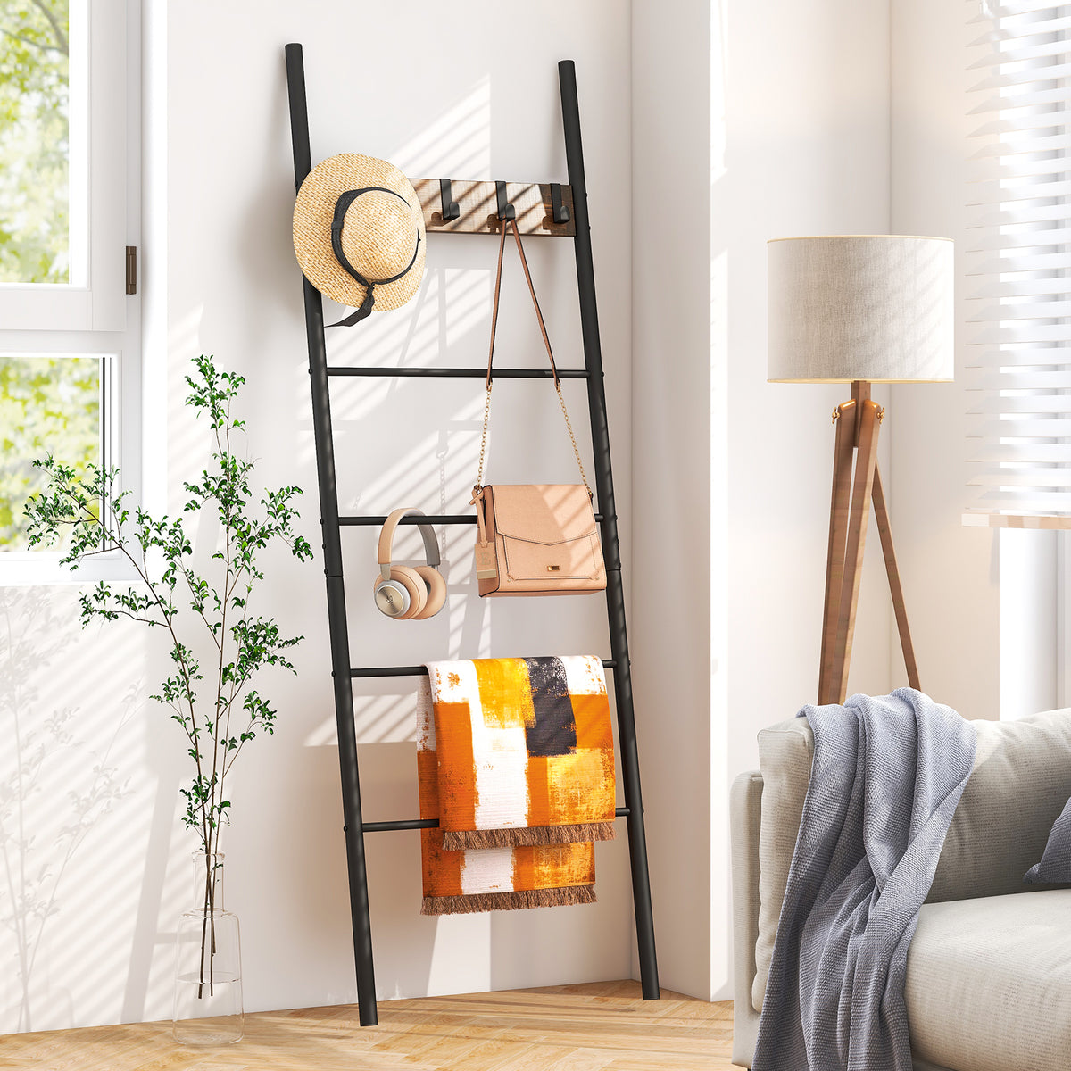 5-Tier Blanket Ladder with Hooks - Wall Storage Organizer