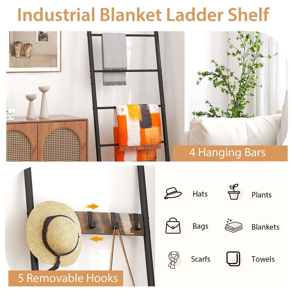5-Tier Blanket Ladder with Hooks - Wall Storage Organizer